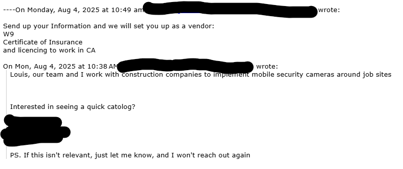 Second positive email reply from the mobile security camera campaign, asking for vendor setup documents