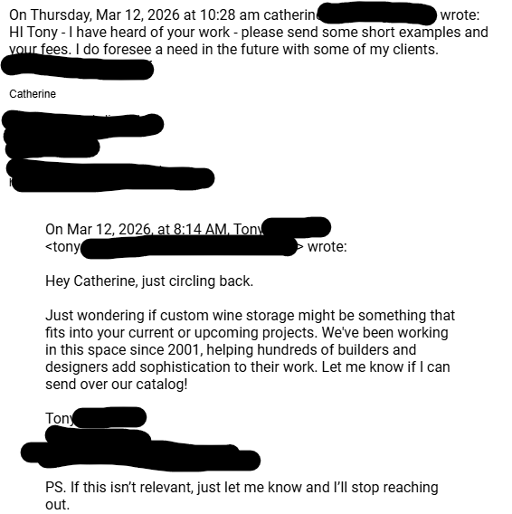 Positive email reply from an interior designer interested in custom wine storage