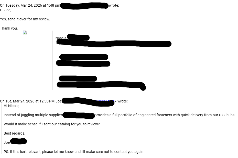 Positive email reply from the industrial fasteners campaign