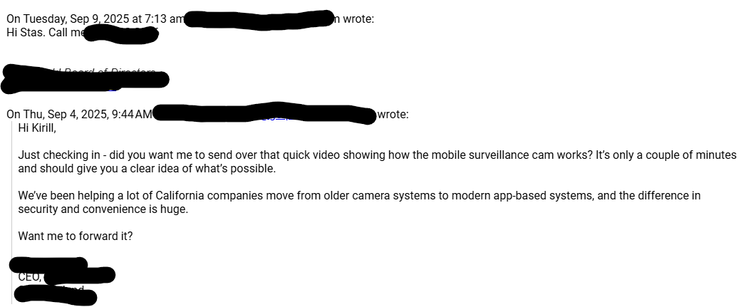 Positive email reply from the mobile security camera campaign
